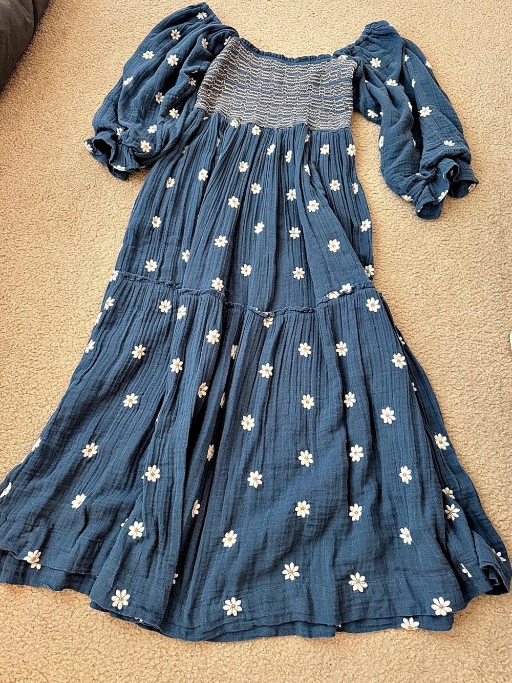 Free People Dahlia Embroidered Maxi Dress Blue & White Medium